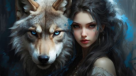 Girl Wolf Fantasy Art 4K #2120k Wallpaper PC Desktop