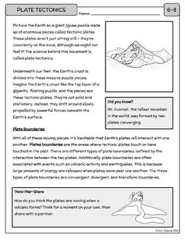 Plate Tectonics Reading Passage And Questions By Avery Science TPT