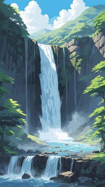 Premium Vector Waterfall Landscape Drawing Cartoon Artwork Vector