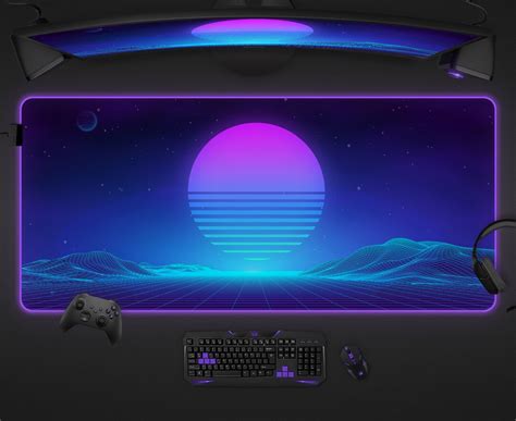 Vaporwave Mouse Pad Rgb Led Gaming Desk Mat Large Cyan Purple Blue