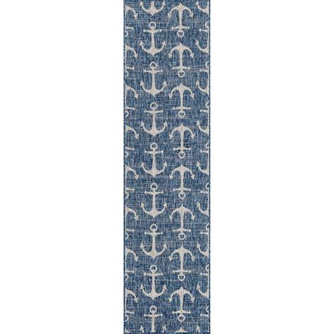 Unique Loom Ahoy Indoor Outdoor Coastal Rug Blue Ivory X Runner