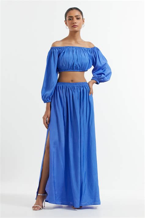 Buy Blue Silk Solid One Shoulder Off Crop Top For Women By Tic Online