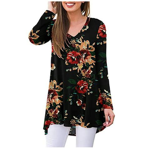 Shibever Trendy Floral Print V Neck Blouses For Women Casual Fall Long