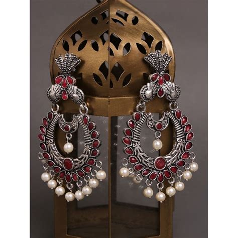 Buy Oomph German Silver Oxidised With Maroon Stone Pearls Large