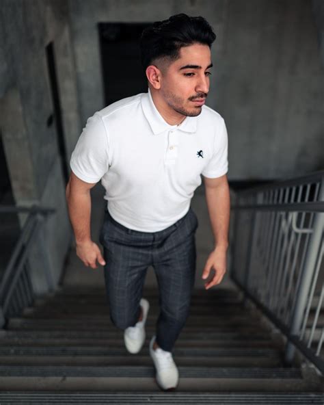 White Express Shirt Grey Tailored Dress Pants White Reebok Shoes White Polo Shirt Outfit Polo