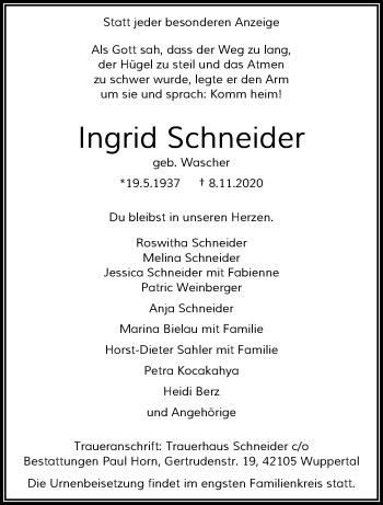 Traueranzeigen Von Ingrid Schneider Trauer Und Gedenken