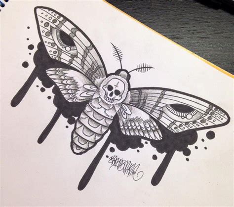 a drawing of a butterfly with skulls and bones on it's wings, sitting ...