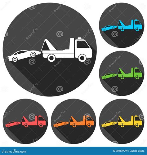 Car Towing Truck Icons Set With Long Shadow Stock Vector Illustration