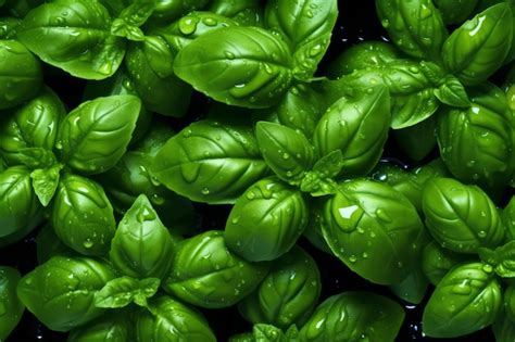 Premium Ai Image Fresh Basil Leaves With Water Droplets On Black