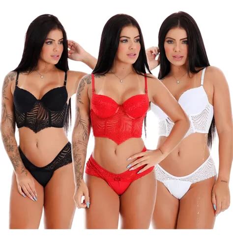 Kit 3 Conjuntos Lingerie Sutiã Cropped Bojo Sensual Fio Mari