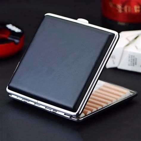 Portable Black Cigarette Cigar Pocket Box Case Leather Metal Tobacco 20pcs Cigarette Smoke