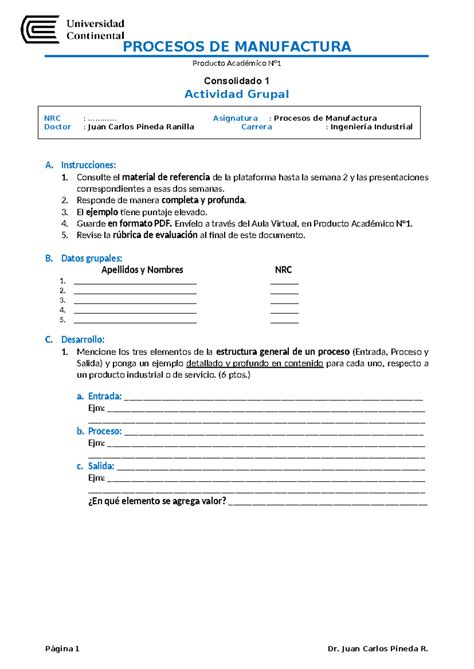 Evaluacion Consolidado Procesos De Manufactura Producto Acad Mico N