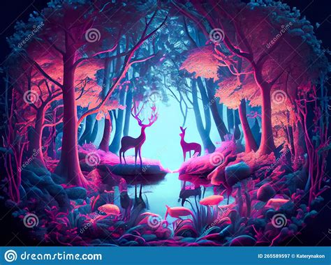 Fairytale Fantasy Forest With Deers Ai Illustration Stock Illustration