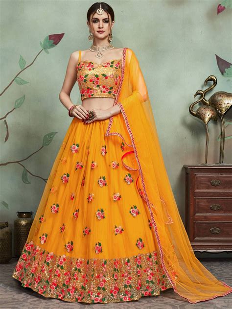 Buy Mustard Yellow Sequins Net Bridal Lehenga Choli Online From