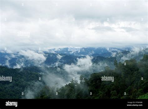 Tropical Mountain Range View View Of Moving Clouds And Fog Over