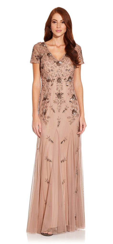 Adrianna Papell Floral Beaded Godet Gown With Sheer Short Sleeves