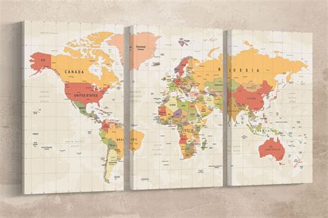 Push Pin Detailed World Map Canvas Leather Print Political Word Map