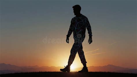 Silhouette Of Man Walking At Sunset With Geometric Patterned Clothes