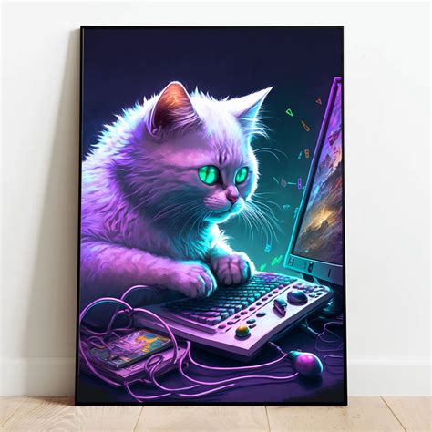 Gaming Decor Gamer Cat Art Print Cat Lover Gamer Gifts Instant Download AI Art - Etsy