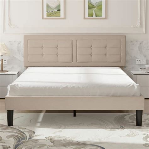 VECELO Upholstered Premium Platform Bed Frame 60 4 In WBeige Queen