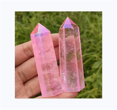 2pc 70g Natural Pink Rainbow Titanium Aura Clear Quartz Obeliskquartz