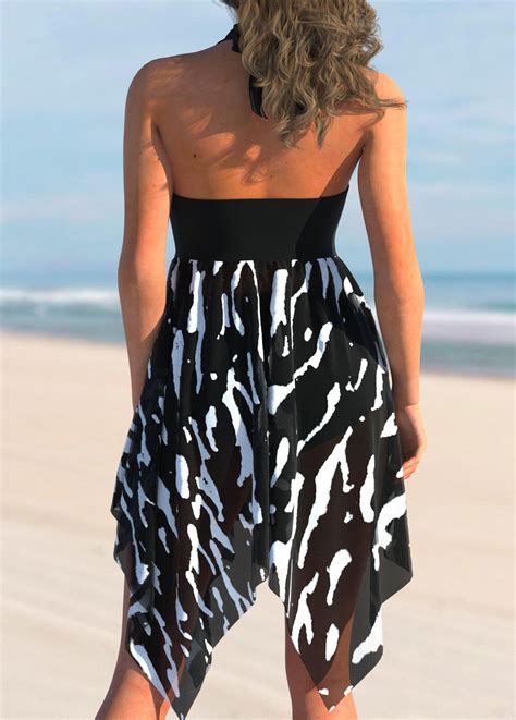 Brushstroke Print Color Block Asymmetric Hem Swimdress Top Rosewe