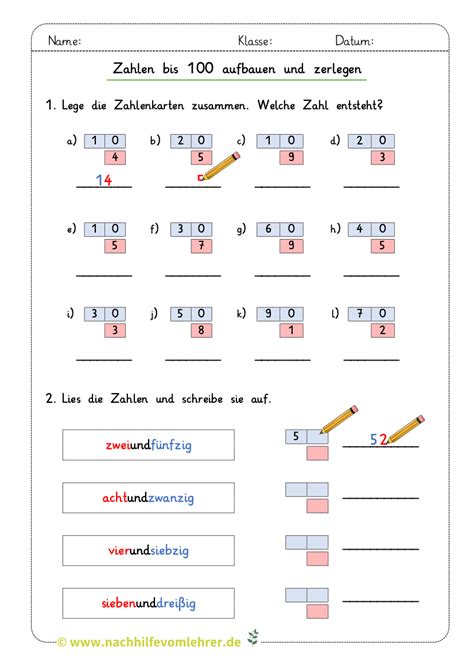 Zahlen Bis 100 Aufbauen Und Zerlegen Kostenloses Arbeitsblatt