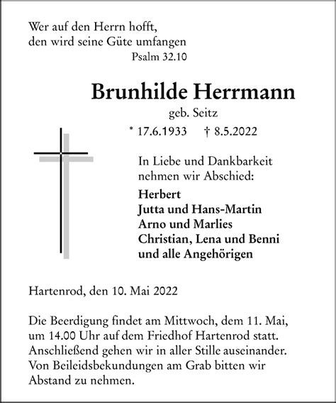 Traueranzeigen Von Brunhilde Hermann Vrm Trauer De