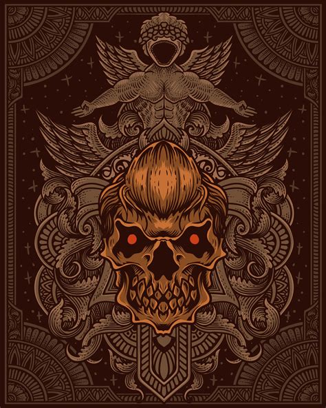 demon skull with antique engraving ornament 25745880 Vector Art at Vecteezy