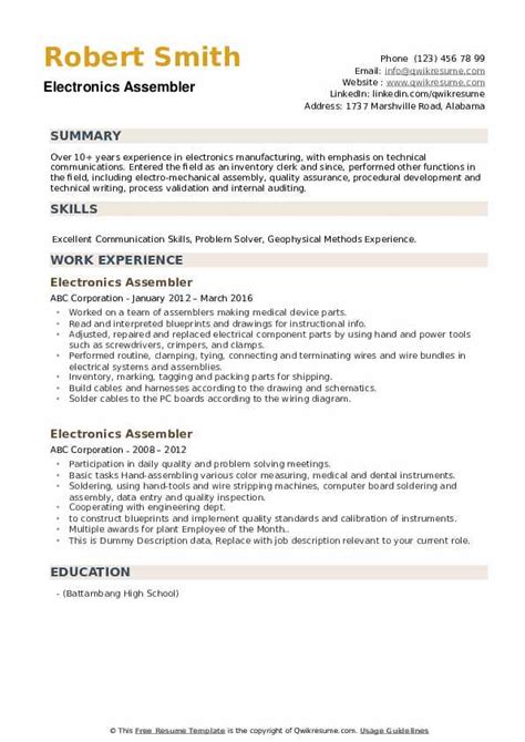 Electronic Assembler Resume Sample