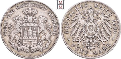 REICHSSILBERMÜNZEN 5 Mark 1903 J HAMBURG Freie und Hansestadt Feine