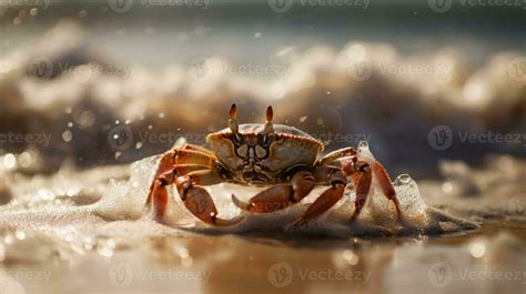 A crab crawls on a sandy beach under the bright sun. The waves of the ...