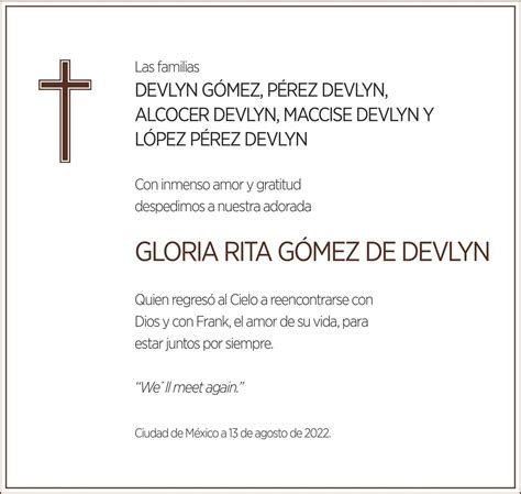 Señora Gloria Rita Gómez de Devlyn Obituario Esquela