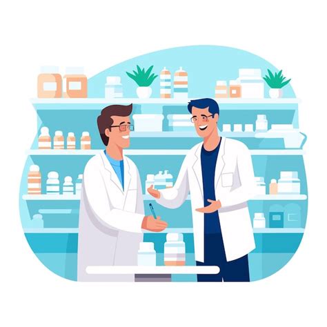 Doctor Pharmacist In Pharmacy Man Patient In Drugstore Cartoon Vector