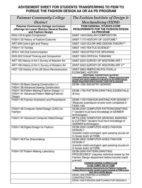 Fillable Online Advisement Sheet For Students Transferring To Fidm Fax