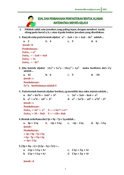 (8.2.1) soal dan pembahasan pemfaktoran bentuk aljabar matematika slt…