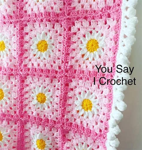 Crochet Pattern For Spring Daisy Crochet Blanket With Pompom Border Etsy