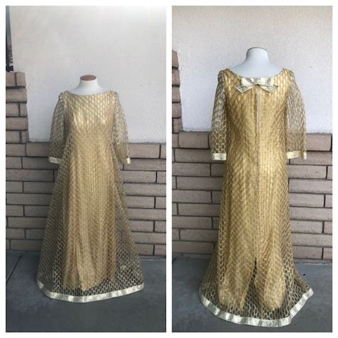 Vintage 50s Gold Tulle Evening Gown Aline Gold Metall… Gem