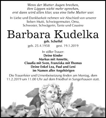 Traueranzeigen Von Barbara Kudelka Abschied Nehmen De