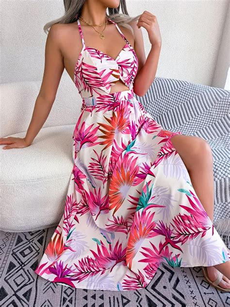 Tropical Print Halter Neck Dress Boho Backless Split Maxi Temu