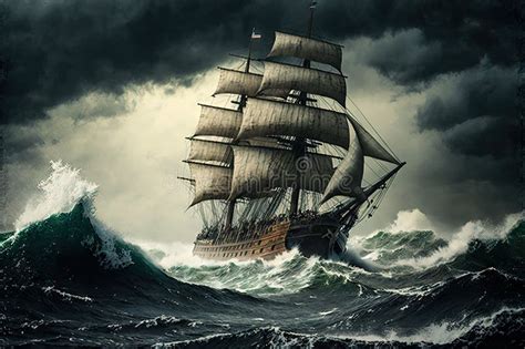 Sailing Ship In Storm On Rough Sea Waves And Rain Stock Illustration