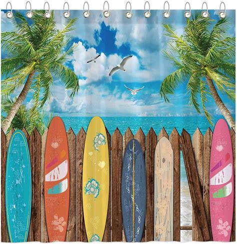 Amazon Funnytree Summer Surfboard Beach Shower Curtain Set With