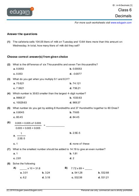 Maths Worksheet For Class 6 With Answers