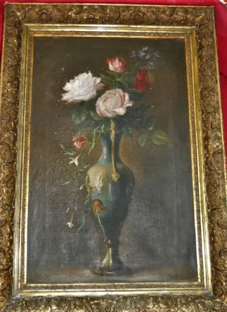 Tableau Ancien Huile Nature Morte Bouquet De Fleurs Vase D But Xx Me