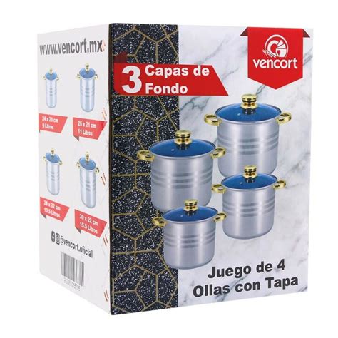 Juego De Ollas De Acero Inoxidable Profesional 4 Pzas Vencort