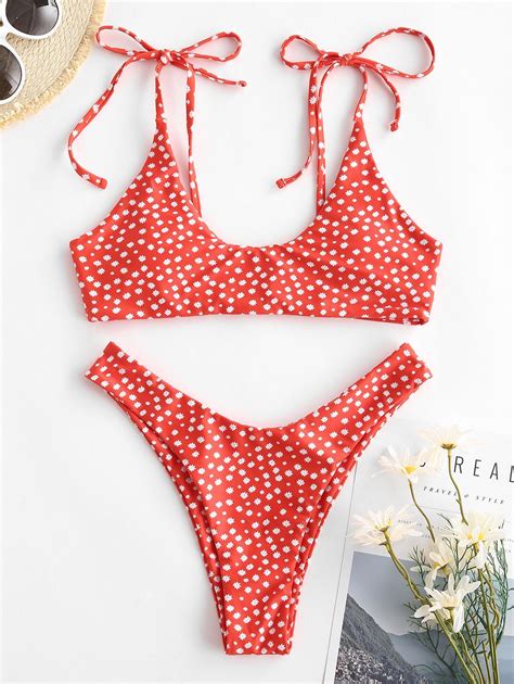 Off Zaful Ditsy Print Tie Shoulder High Leg Bikini Swimwear