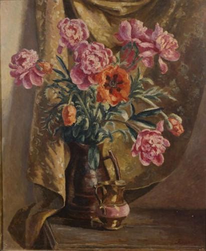 Flowers In A Glass Vase With Peaches And Red Berries On A Marble Slab