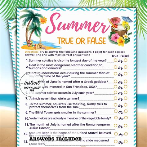 Summer Trivia Game True Or False Game Printable Summer Etsy