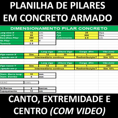 Planilha Para Pilar Em Concreto Armado Canto Extremidade E Centro