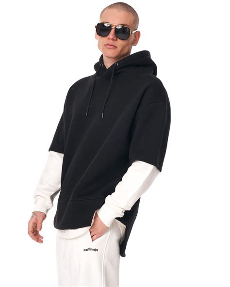 Mens Oversize Half Sleeve Detailed Hoodie Blackandwhite Martin Valen